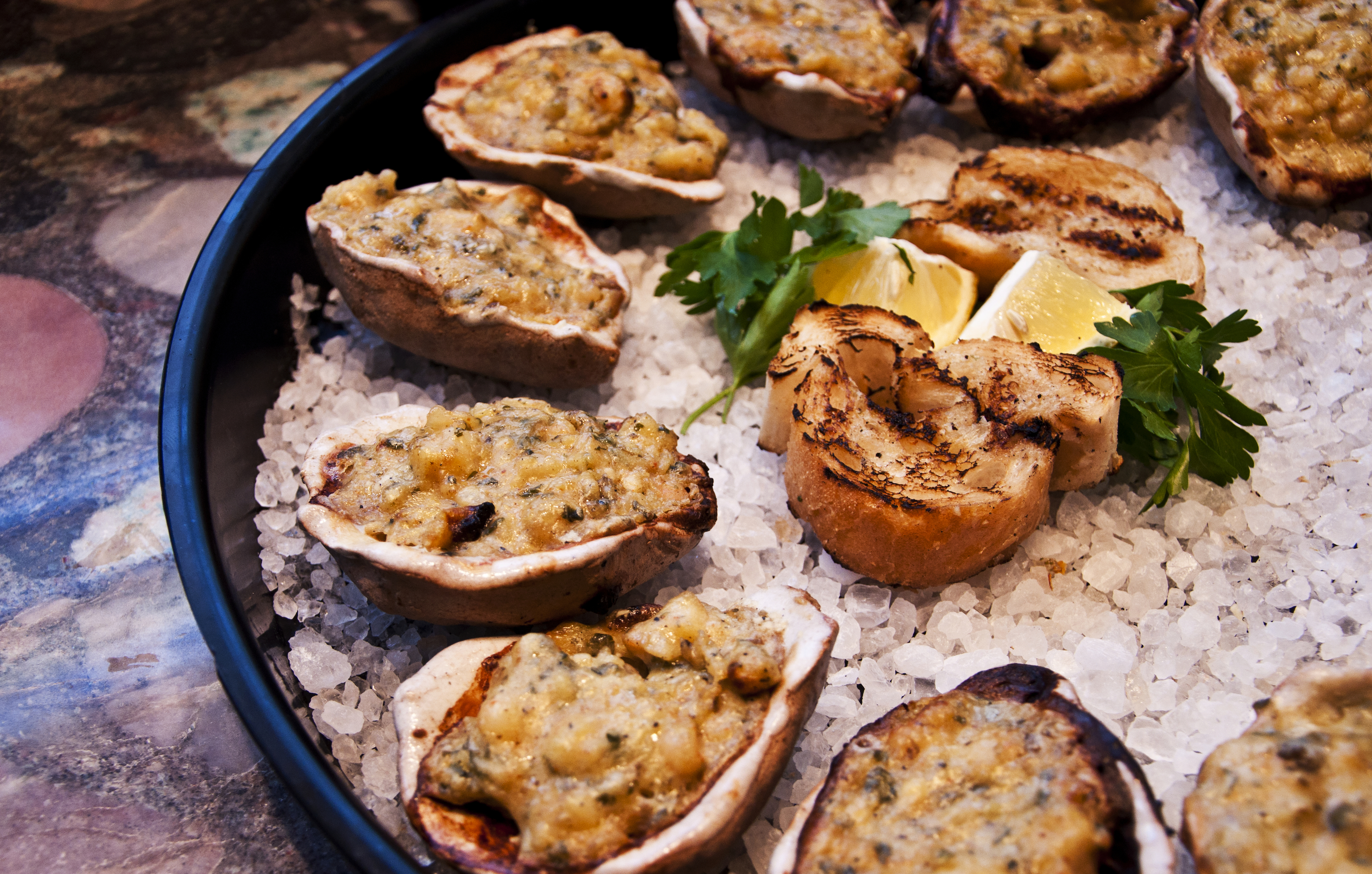 shrimp stuffing on rock salt